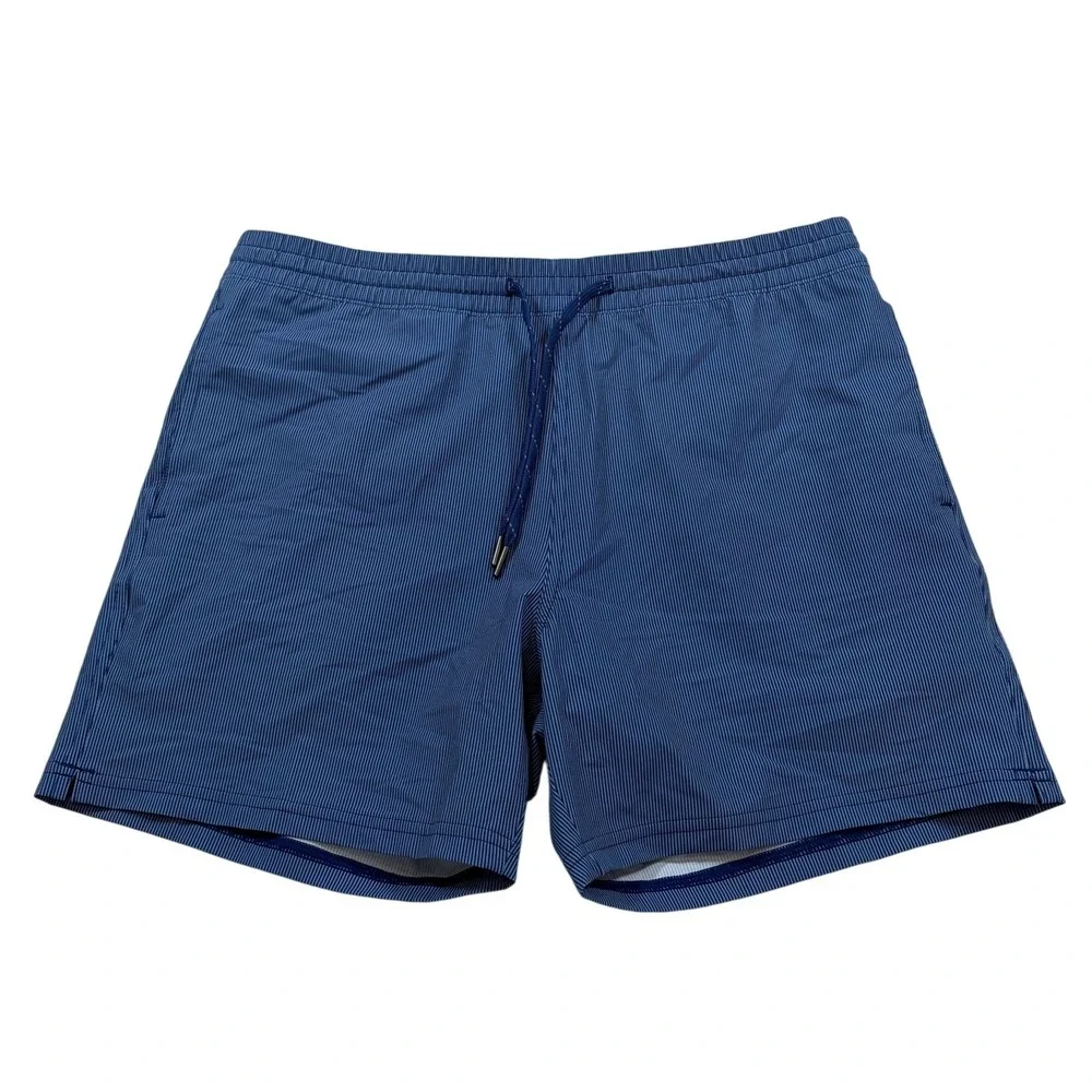 Quince Mens Blue Pinstripe Swim Shorts Trunks Mesh Lining Size L Quick Dry
